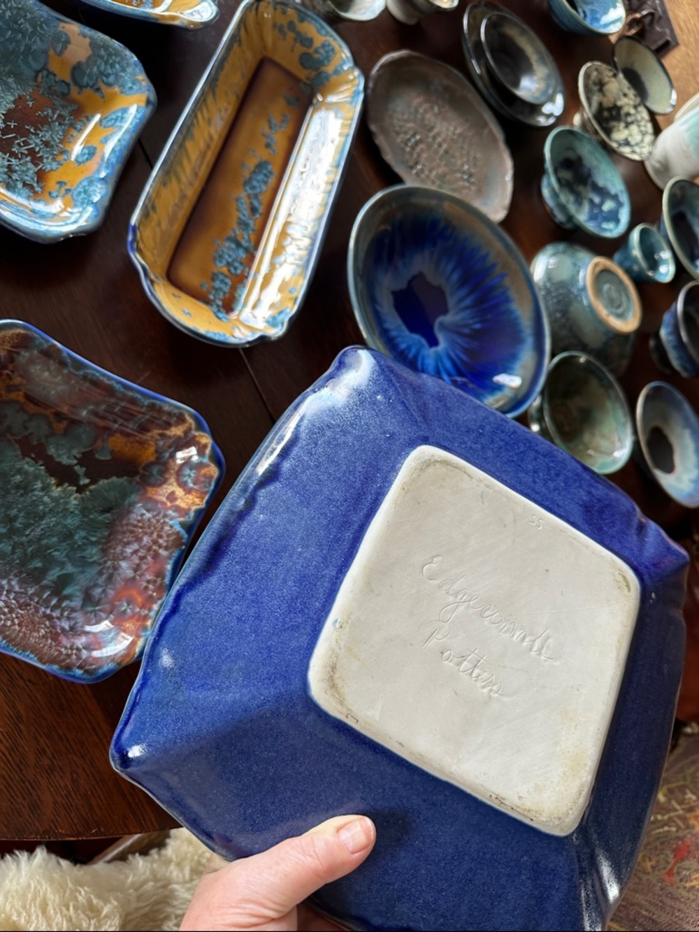 Handmade Edgecomb Pottery platter. Unique crystalline glaze. Bohemian home decor - Picture 10 of 15